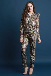 Metallic Floral Camouflage Ruffle Shoulder Track Suit